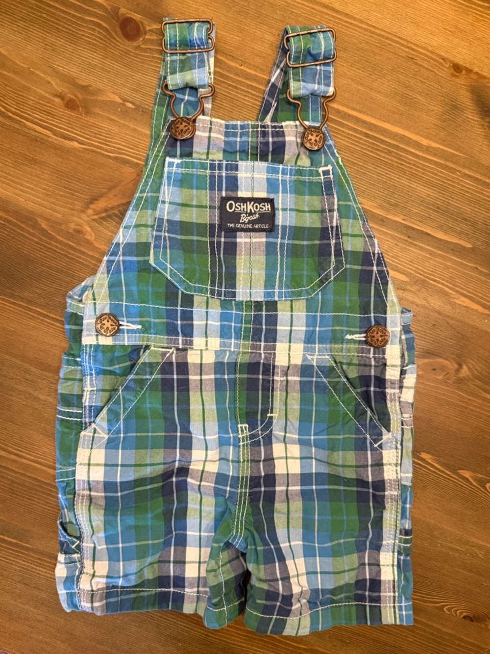 Infant OshKosh Vestbak Blue & Green Plaid Shortalls (9M)